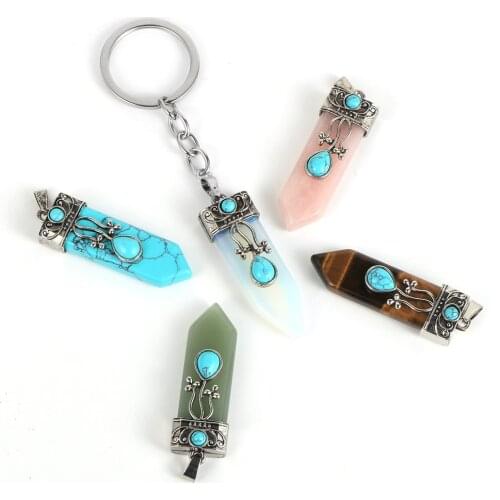 Reiki Yoga Chakra Natural Hexagonal Bullet Stone Pendant Keychain Ring For Men Women