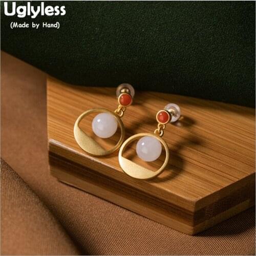 Uglyless Moon on the Sea Natural Jade Earrings for Women Gold Plated Real 925 Silver Circle Earrings Agate Fine Jewelry E1797
