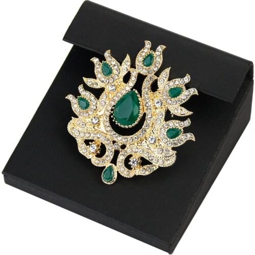 Sunspicems Gold Color Arab Flower Brooch for Women Morocco Caftan Wedding Jewelry Crystal Red Green Resin Pin Christmas Gift