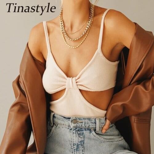 Tinastyle Ribbed Spaghetti Strap Crop Top Women Camis Hollow Out Short Summer Tank Corset Top Casual Backless Slim Party Tees
