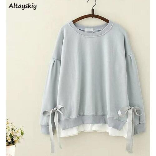 No Hat Hoodies Womens All-match Bow Loose O-neck Korean Style Harajuku Fashion Patchwork Sweet Streetwear Comfortable Popular