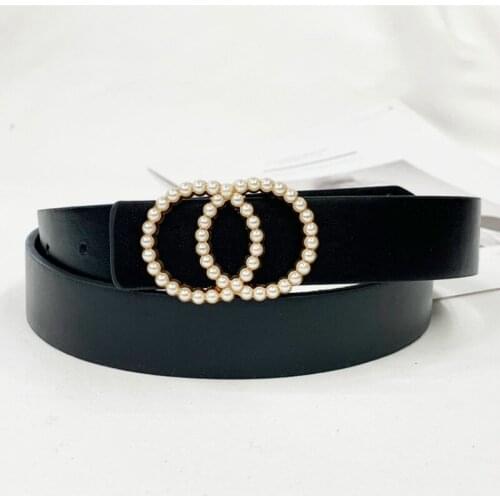 Leather belt women waist luxury black belts for jeans dresses woman pearl studded buckle girls ladies fashion decorative 2021