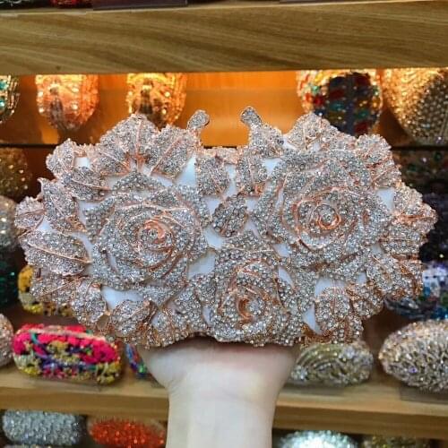 Women pink diamond crystal rose Flower evening bags Hollow Out lady Metal shoulder bag wedding gift box Minaudiere Clutch purse