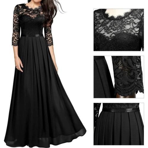New Stitching Lace Hollow Women Elegant Party Midi Dress Pleated Large Hem O Neck 3/4 Sleeve A-Line Long Dress Ladies Clothing