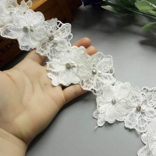 1 yards White 8cm Pearl Flower Embroidered Lace Trim Ribbon Floral Applique Fabric Patches DIY Wedding Dress Sewing Craft