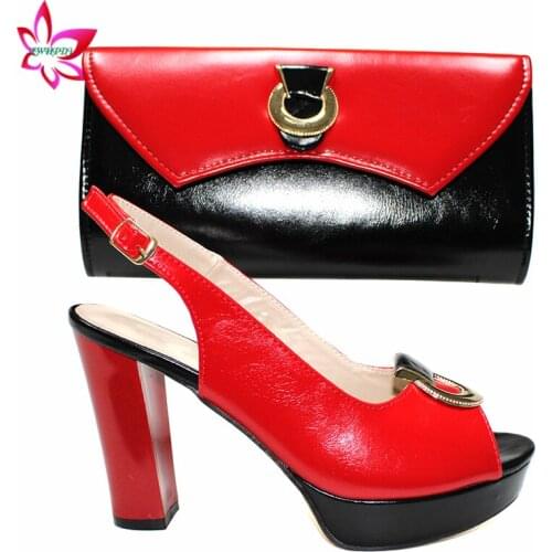 2020 High Quality Metal buckle African Women Shoes and Bag to Match African Design New Design in Red with Black Color for Party