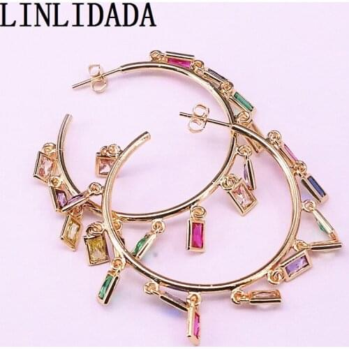 4Pair Multicolor Cz Micro Pave Fashion Earring Gold Color Party Jewelry Rainbow Crystal Geometric Charms Earrings