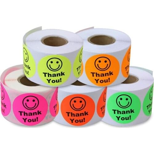 5 Color/Set Thank You Sealing Sticker Fluorescence Smile Label Phone Decorative Stickers DIY Gift Package Labels Diameter 3.5cm