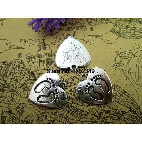 50pcs--Baby Feet Charms, Antique Tibetan silver Baby Feet in Lovely Heart charm pendants 20x22mm