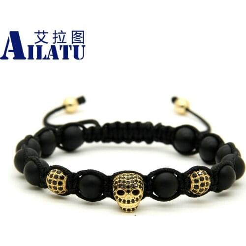 Ailatu 10pcs/lot 8mm Natural Matte Onyx Stone Black Cz Heart Skull Braided European American Weaving Mens Bracelets