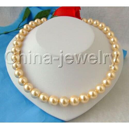 Free shipping >>>>>Gorgeous14MM perfect round golden south sea shell pearl necklace