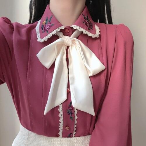 Bowknot French shirt blouse womens spring and autumn new style Korean design niche embroidery long-sleeved chiffon shirt
