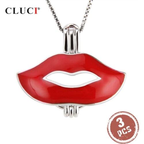 CLUCI 3pcs 925 Sterling Silver Flame Red Lips Pendant Jewelry Gift for Women Real Silver 925 Wish Pearl Locket SC230SB