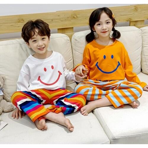 Childrens Pyjamas Cotton Long-sleeved Boys Home Clothes Smile Face Print Girls Pajamas Spring Summer Night Clothing Sets