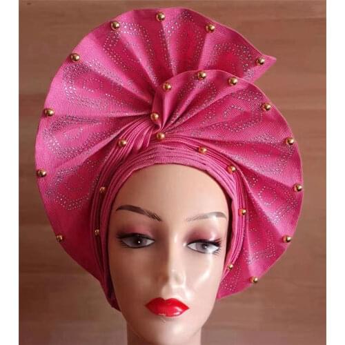 Nigerian gele headties beautiful women head wrap african headtie with beads and stones sewing fabric for party 1set