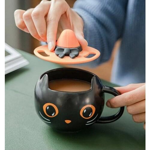 Black Cat Ceramic Cup Halloween Coffee Mug with Pumpkin Cover Couple Gift Ceramic Mug Tea Cup Spoon with Lid Gifts for Family