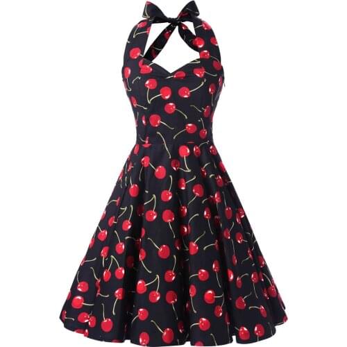 Summer Style Women Dresses Halter Rockabilly Swing Cherry Floral Dress Plus Size dashiki Ladies 50s Vintage Dress VD0272