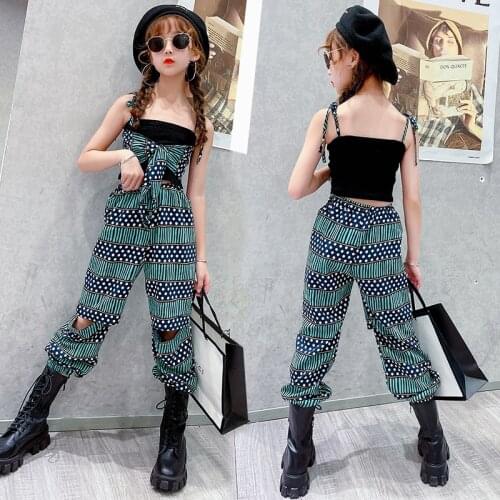 Fashionable Girls Clothes Print Sets Bow Strap Vest Short Tops + Hole Harem Pants Outfit Kids Suits 3-15y Girl Children clothing