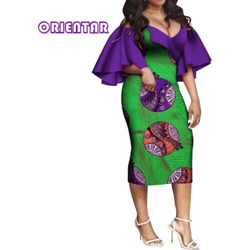 Fashion Women African Dress Sexy V-neck African Wax Print Dresses Lady Ankara Bazin Riche Evening Party Midi Dress WY5866