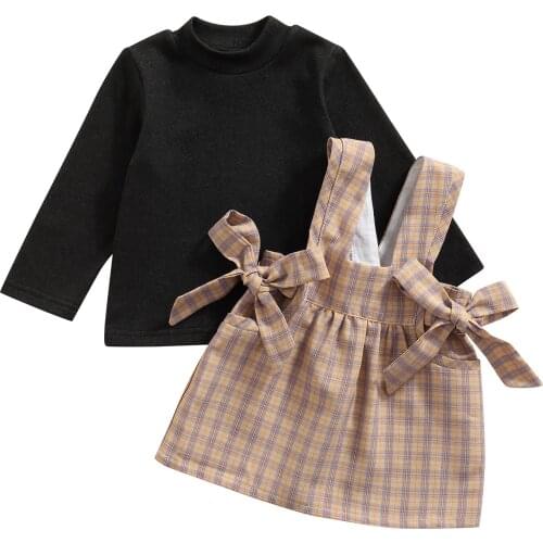 Fashion Girls Autumn Clothes Sets 2pcs Solid Long Sleeve Pullover T-Shirts Tops Plaid Suspender Skirt Kid Girls Outfit