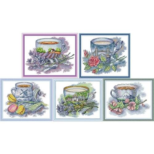 Joy Sunday Teacup Series of Cross Stitch Kits Printed Canvas 14CT DMC Embroidery Needlework Set Counted Cross-Stitch Home Decor