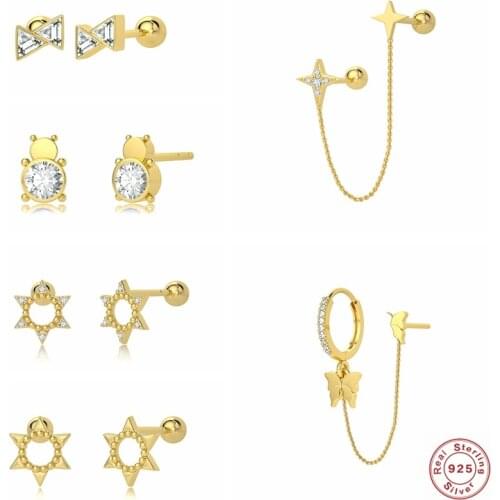 Genuine 925 Sterling Silver Bling Crystal Piercing Stud Earring For Lovers' Girls Sun Star Cartilage Small Earring Birthday Gift