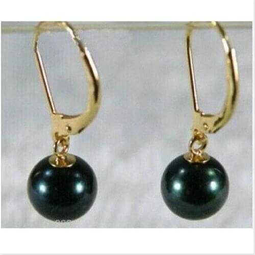 Charming 9-10MM tahitian black round pearl earring14k
