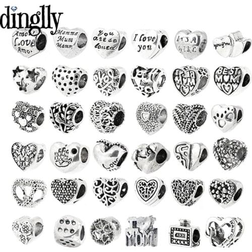 Dinglly Dropshipping Silver Color Heart Beads Charm Fit Bracelet & Necklace For Women Love Heart Couple Jewelry Accessory Beaded