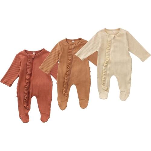Newborn One piece Footed Pajamas Infant Baby Boy Girls Solid Long Sleeve Round Neck Ruffle Zipper Sleepwear Nightclothes