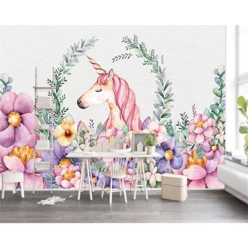 Beibehang Custom wallpaper Unicorn flower Childrens room background wall home decoration background wall mural 3d wallpaper