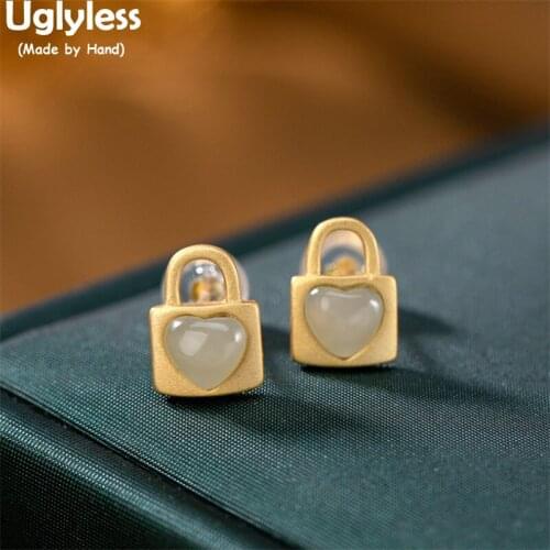 Uglyless Creative Locks Heart-shape Jade Studs Earrings for Women Gold MINI Earrings 925 Silver Natural Gemstones Brincos Bijoux