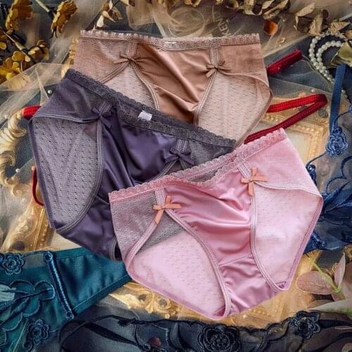 Transparent mesh sexy ray silk satin hot charming bag hip mid-waist cotton triangle lady panties girl