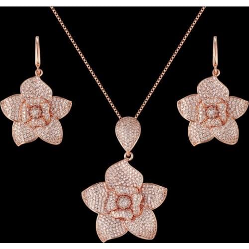Zlxgirl jewelry luxury brand copper wedding flower necklace with earring jewelry sets full mirco paved zircon bridal accessories