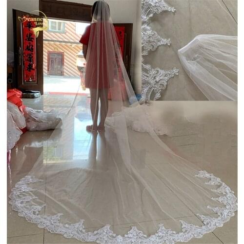Cheap White/Ivory Wedding Veils Long Lace Edge Flower Appliqued Cathedral Length Bridal Veil With Comb 3Meters velo de novia