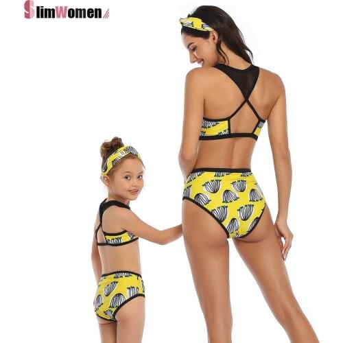 Women Mesh Patchwork Tankini Backless Bikini Set Yellow Print Beach Swimsuit Moms and Kids Bathing Suits Cute Girl Swimwear Hot