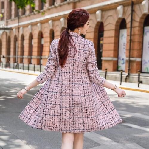 Womens tweed womens suit winter Korean Plaid long jacket and short skirt suit office suit two pack hip skirt coat overalls
