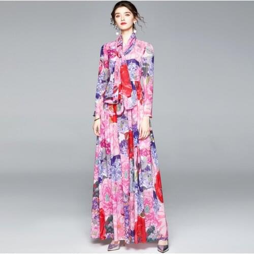 2020 Autumn Runway Chiffon Dress Floral Print Womens Laces Long Sleeve Maxi Floor-length Flower Dresses Female Bohemian Holiday
