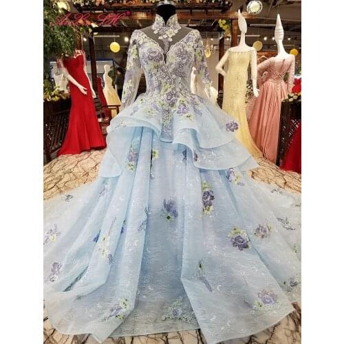 AnXin SH Luxury princess rose flower blue lace beading crystal illusion high neck long sleeve wedding dress 100% real photo
