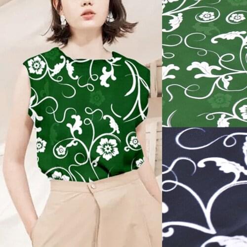 110CM 30MM Floral Print Stretch Blue Green Heavy Silk Crepe Fabric Good for Spring Summer Dress Skirt Shirt Scarf Pants J159