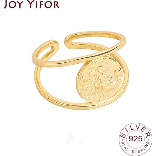 925 Sterling Silver Ring Round Circle Picture Female INS Simple Handmade Opening Gold Hollow Finger Fashion Jewelry Couple