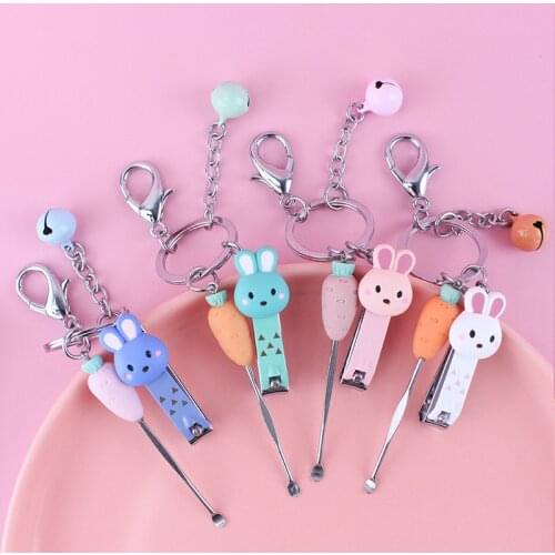 Cartoon Animal Nail Clipper Earpick Keychain Blue Green Pink White Rabbit Pendant Bag Car Keyring Lanyard Men Women Couple Gift