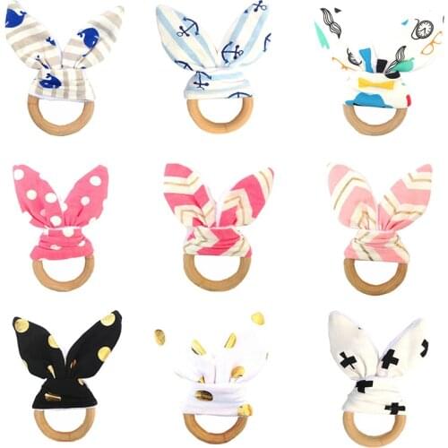 Baby Bunny Ear Teething Ring Safety Wooden Teether Fish Plaid Color Choice Newborn Chew Toy Gift Kids Care Accessories NBB0255