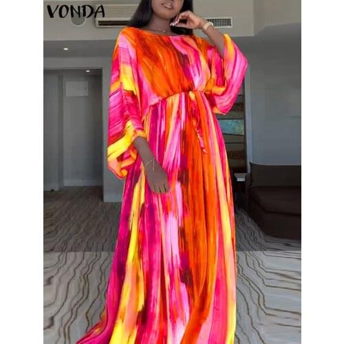 VONDA Elegant Summer Maxi Dress 2021 Women Sundress 3/4 Sleeve Vintage Printed Holiday Party Dress Belted Vestidos Oversized
