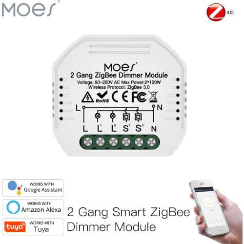 Moes Mini DIY Tuya ZigBee Smart 2 gang Light Dimmer Switch Module Hub Required Smart Life App Alexa Google Home Voice Control