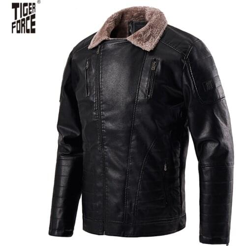TIGER FORCE Men Fashion Jacket Leather Jackets High quality Pockets Synthetic leather Solid Black Male leather jacket 70803
