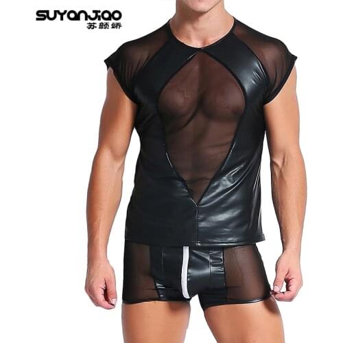 2 In 1 Sexy Patent Leather Mens Sets Night Clubwear Transparent Mesh Lace up Tops T Shirts+Shorts Pants Sexy Tight Male Catsuit