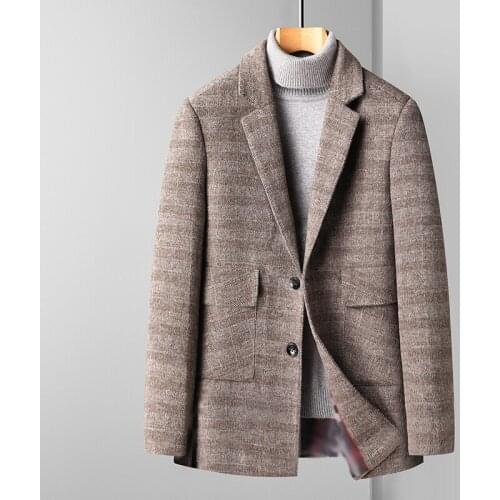 Autumn Winter Men Plaid Sheep Wool Blazers Gray Coffee Woolen Blend Tweed Suit Jackets Notched Collar Flap Pockets Outfits Male