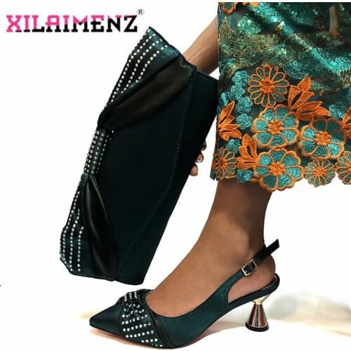 Retro Italian Women Party Shoes Matching Bag Set Decorate with Rhinestone in Dark Green Nigerian Wedding Shoes and Bag Set