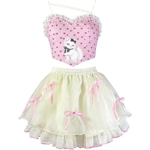 New Gothic Harajuku Pink Bow Lace Cake Skirts Fashion Sweet Girl Punk High Waist Mini Kawaii Short Skirts Hot Girls Set