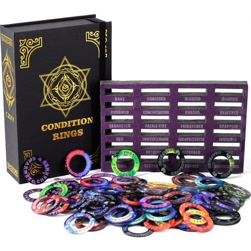 Upgraded D&D Condition Rings 96 Status Effect Markers with Color Printing in 24 Conditions & Spells, and with Magic Book Storage